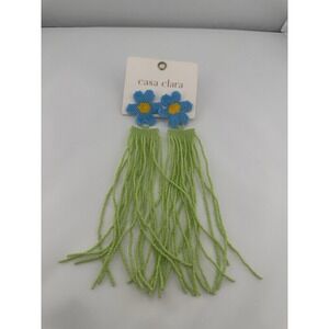 Anthropologie Casa Clara Mari Earrings Blue Daisy Beaded Green Fringe Dangle 70s